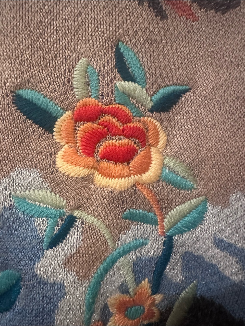 HWR Anthropologie Crane Embroidered Knit Cardigan Sweater LP Beige Blue - Picture 9 of 9